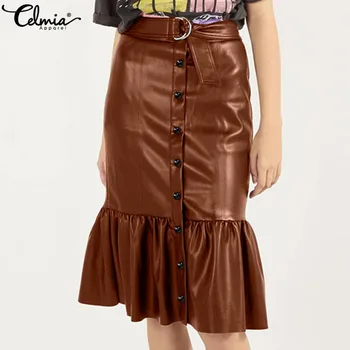 

Celmia Women Oversized PU Leather Skirts Sexy High Waist Bodycon Ruffles Fashion Skirt Casual Solid Work Knee-length Skirt Belt