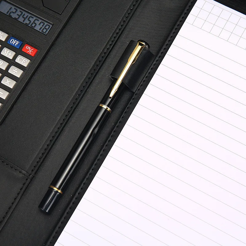 A4 가죽 Padfolio 다기능 포트폴리오 바인더 명함 홀더 바인더 문서 정리, 계산기 메모장 포함