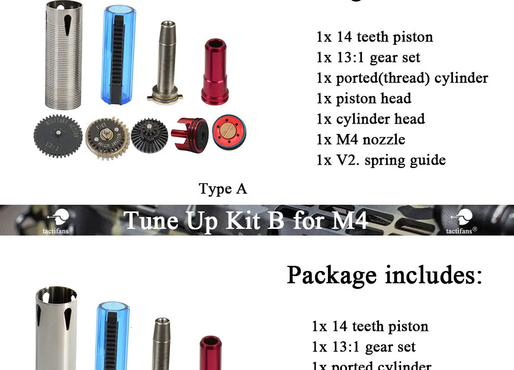 TACTIFANS 13:1 комплект передач, поршень цилиндра/головка, пружинная направляющая, сопло, Прозрачный 14 зубьев поршневой внутренний цилиндр 363-460 мм AK M4 AEG