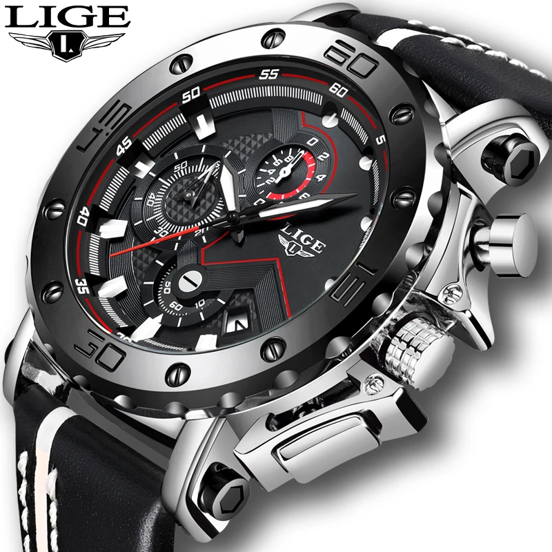 LIGE мужские часы люксовый бренд бизнес кожа военный водонепроницаемый с