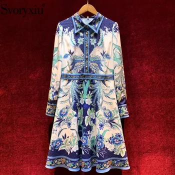 

Svoryxiu Elegant Runway Spring Summer Dress Women's Long Sleeve Blue White Flower Print Vintage Party Dresses Vestdios 2020