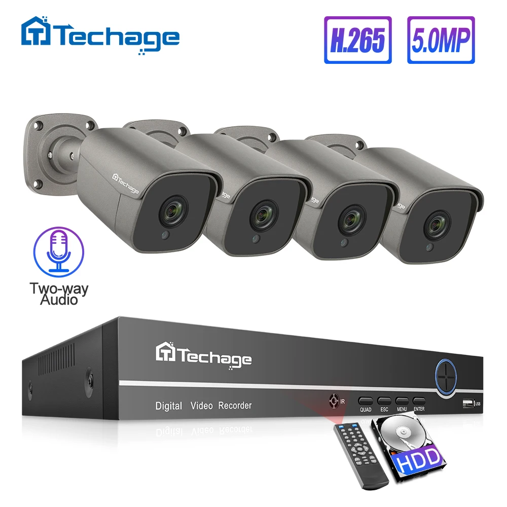  Techage H.265 4CH 5MP POE NVR Kit CCTV System Two Way Audio Alarm Sound AI IP Camera IR Outdoor Vid - 32778137172