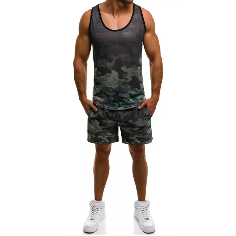 

2019 Ouma Summer New Style Men Youth Casual Sports Training Running Vest Shorts Camouflage Set