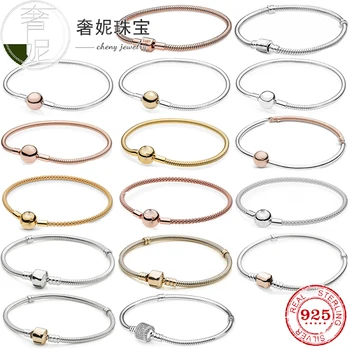 

Cheny 100% 925 Sterling Silver Snake Chain Bangle Cz Charm Beaded Fit Pandora Bracelet DIY Jewelry Luxury Original Pulseras