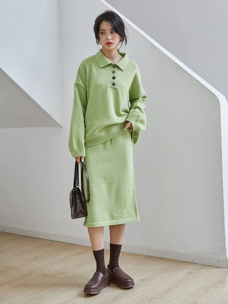 

2019 autumn winter fashion suit sets women turn-down collar Polo sweater pullover+skirt two pieces knitted set female knitwear