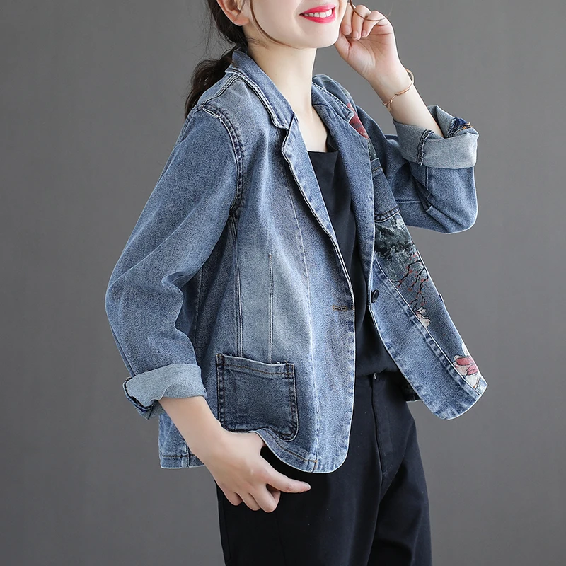 Johnature Women Print Patchwork Denim 