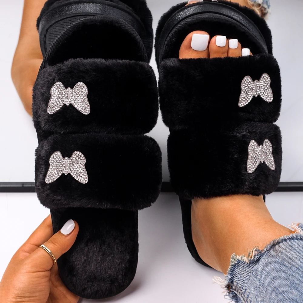 Women House Slippers Rhinestone Butterfly Decor Fluffy Slippers Double Strap Open Toe Furry Slides Flat Heel Winter Warm Shoes