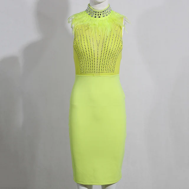Fluorescent green Новое платье без рукавов с кристаллами украшено перьями черное сексуальное платье Вечерние облегающие модные женские оптом - Цвет: Fluorescent green