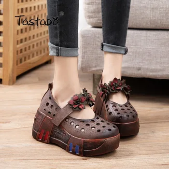 

Tastabo casual style handmade leather women's shoes Platform sole shoes design Brown Creamy-white S2519 Decal design Comfortable