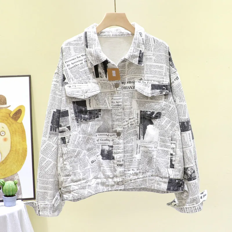 

2020 Spring Plus size Newspaper print White Casual Vintage Denim jacket Women fall kpop Loose Jeans coat Student Basic outerwear