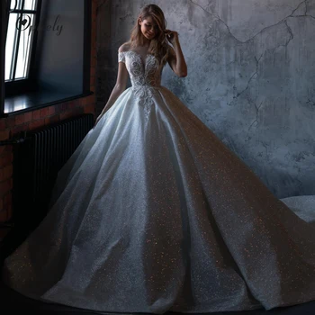 

Optcely Luxury Scoop Neck Off-the-shoulder Tulle A-line Wedding Dresses 2019 Appliques Beaded Sweep Train Gowns Vestido de Noiva