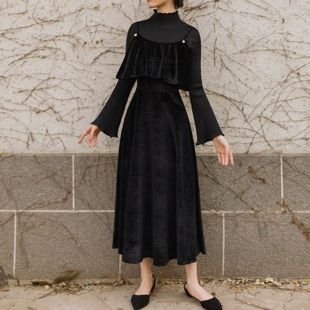 

Black Two Piece Sets French Retro Sweater Bottoming Velvet Black Dress 2020 Autumn Winter Dress Two-piece Suit Vintage Suits