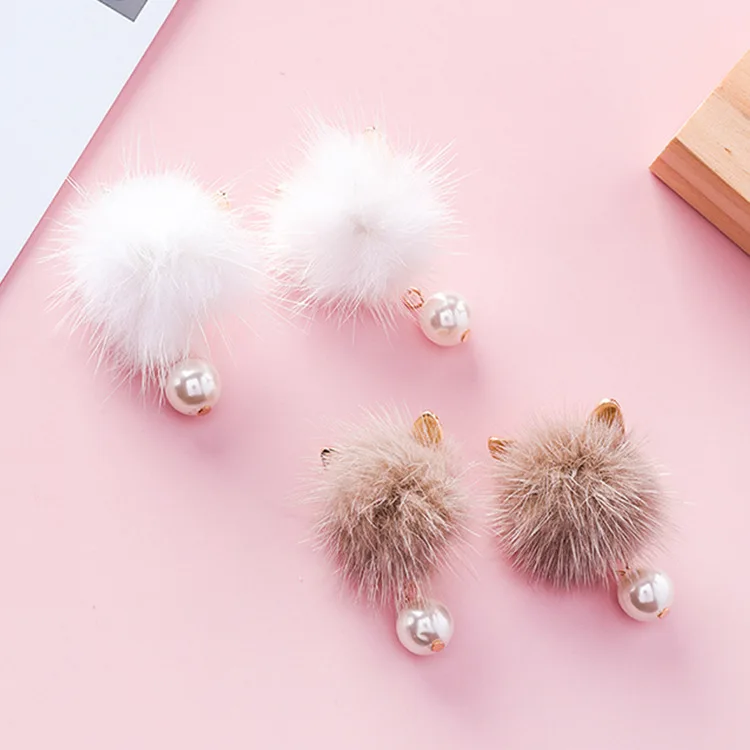 

Mink Hair Ball Cartoon Cat Ears Pearl Cute Autumn Fall Winter 2020 New Women Girl Stud Earrings Korean Japan Fashion Jewelry