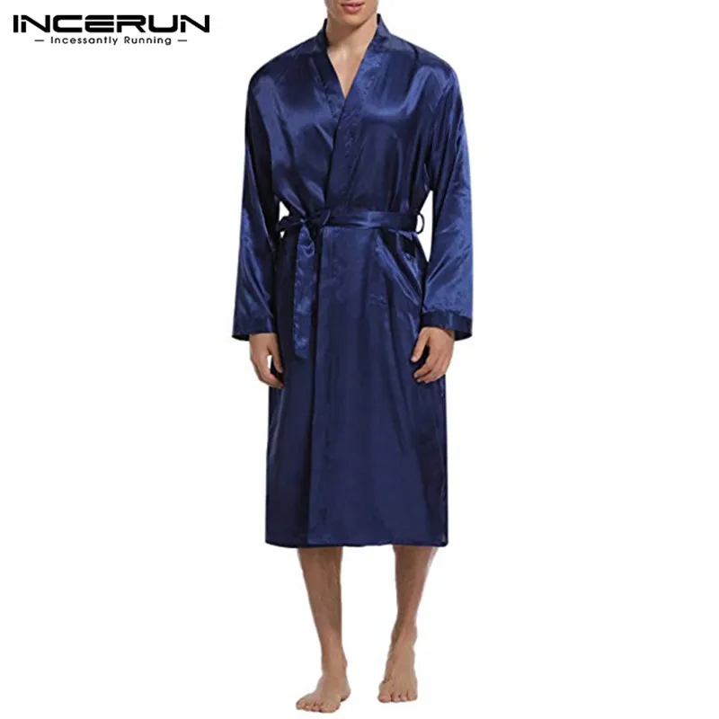 INCERUN Mens Silk Satin Robes Pajamas Long Sleeve Solid Sleepwear Kimono Male Bathrobe Leisure Men Loungewear Dressing Gown 2022 best mens pajamas Men's Sleep & Lounge