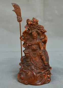 

wedding decoration Chinese Old Boxwood Wood Carved Seat Guan Gong Yu Warrior God Warrior Statue