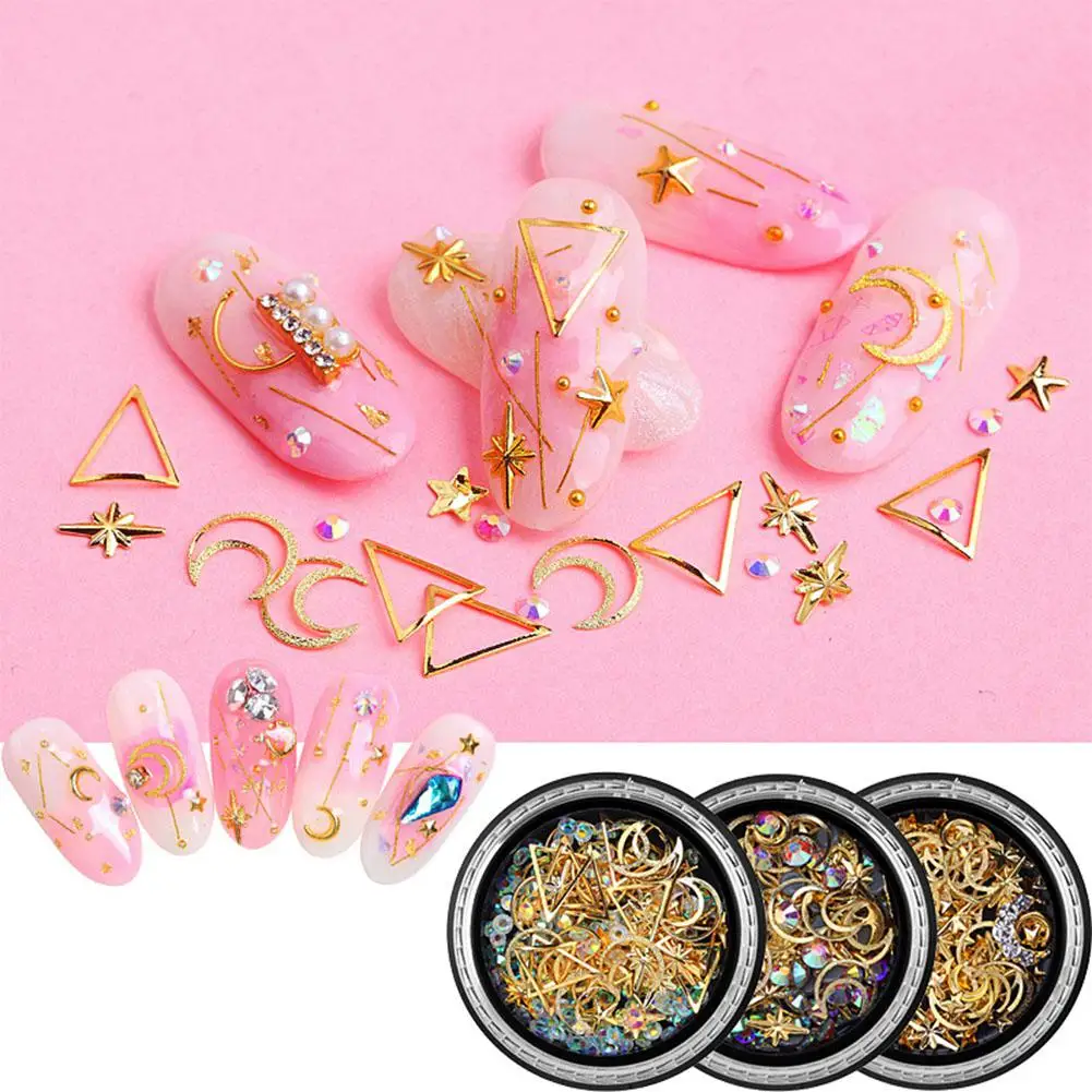 MeterMall Nail Art Gold Strass Star Moon Decor Mix 3D Rhinestones Beads AB Sequins Shiny Glitter Charm Gem Manicure Accessories