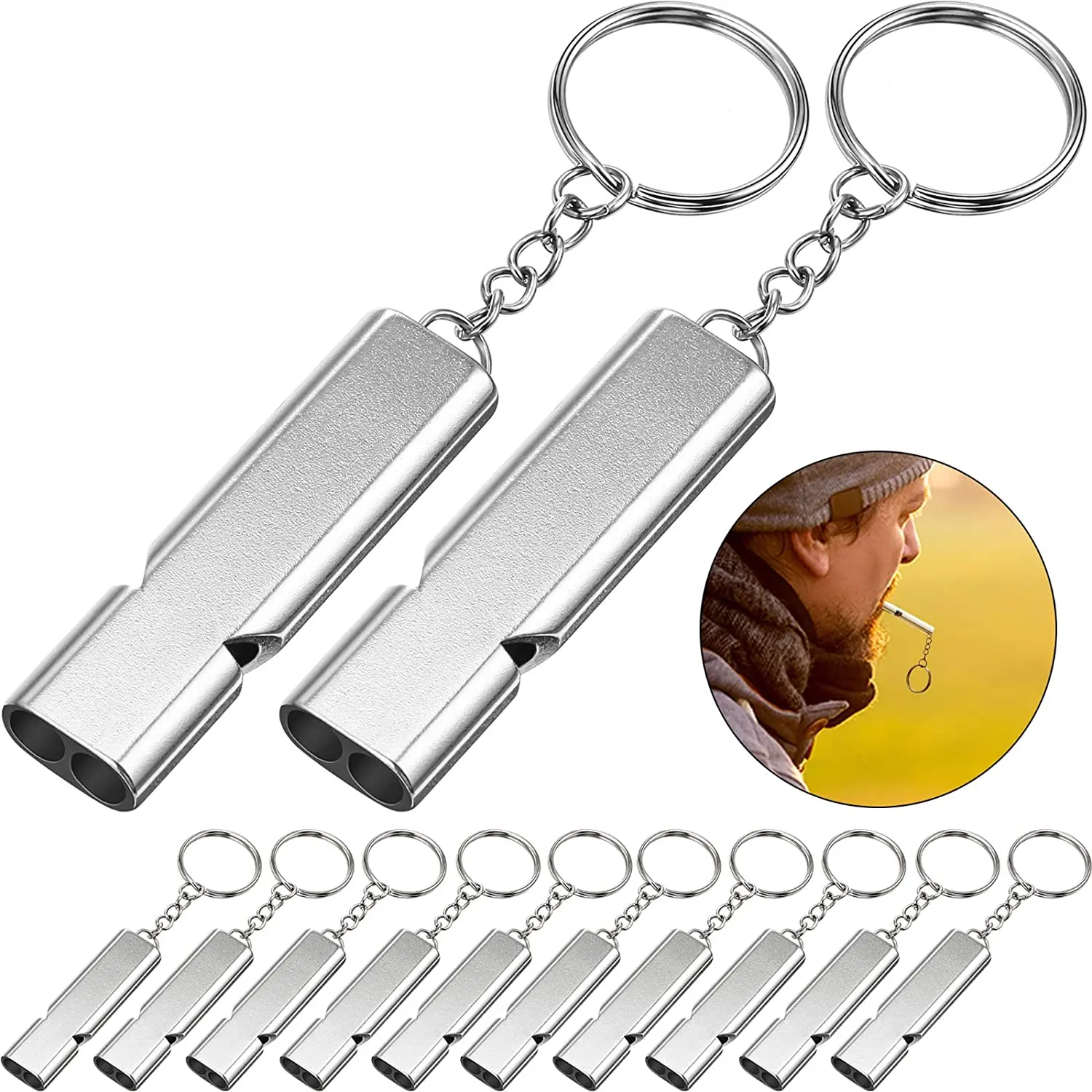 

2PcsEmergency Whistles Safety Survival Whistles High Pitch Double Tubes Metal Whistle for Outdoor Camping Hiking Boating Hunting