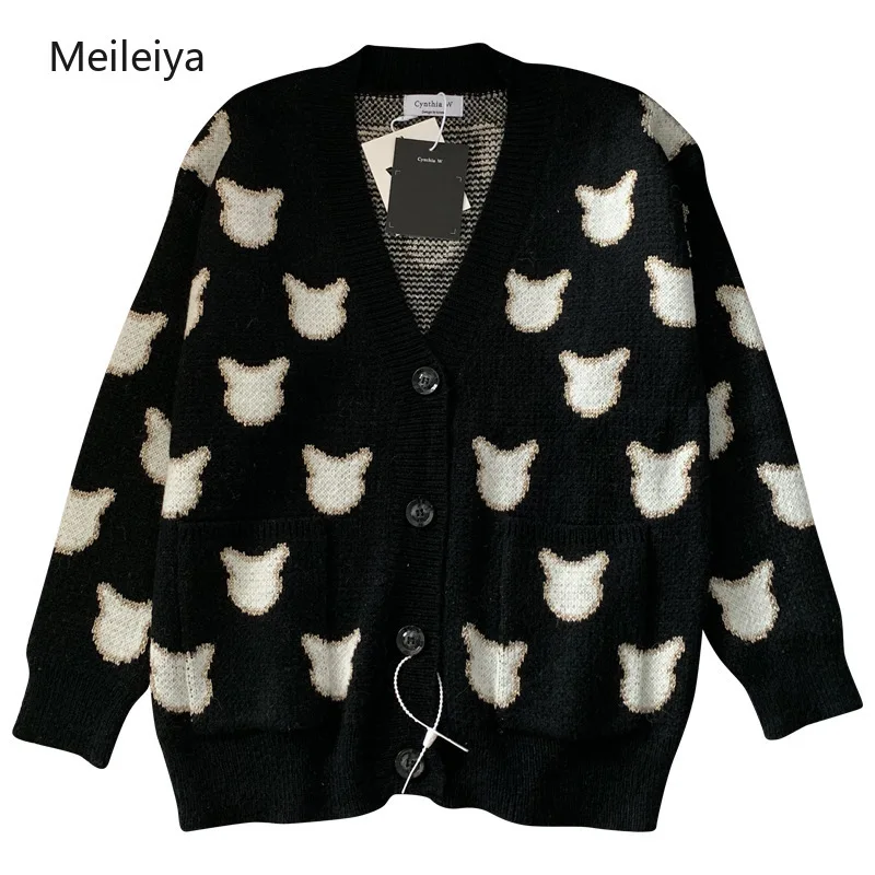 

2019 Autumn and Winter New Hooded Cat Head Print Long Sweater Female Fashion Loose Knit Cardigan Coat