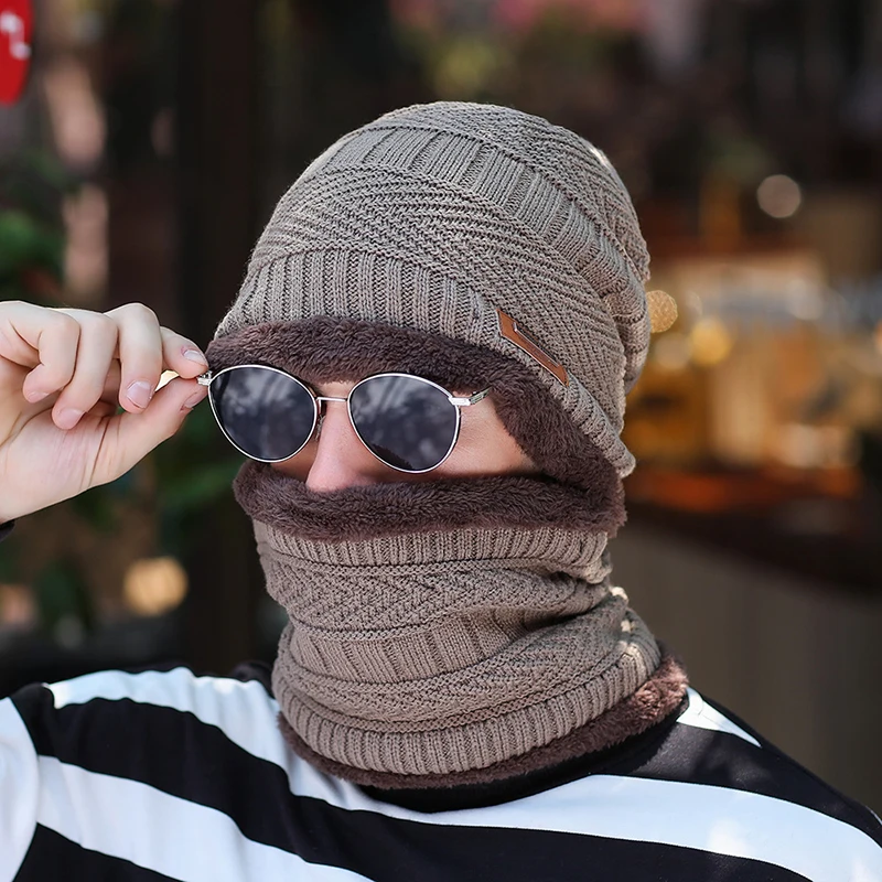 Теплые зимние головные уборы для мужчин и женщин Beanie подарки набор шарфов Skullies Beanies бархатная утолщенная шерстяная вязаная шапка-маска