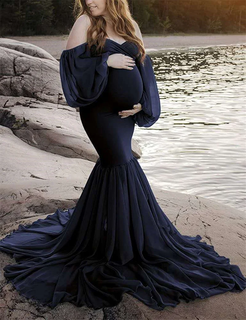 Pregnant Women Dress Sexy Shoulderless Maternity Dresses Photoshoot Ruffles Pregnancy Maxi Gown Photography Props Mermaid Dress