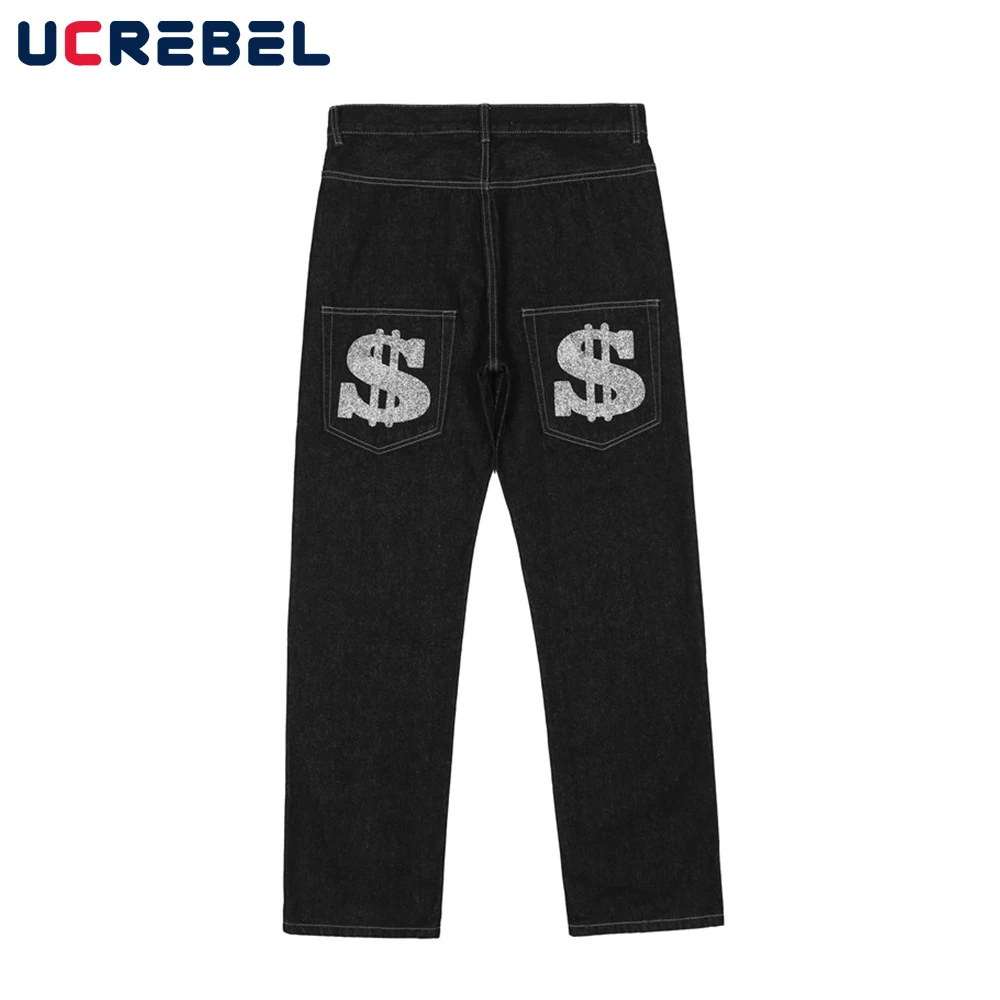 Hot Silver Print Denim Pants Mens High Street Loose Straight-leg Pants Streetwear Casual Jeans y2k Trousers Men
