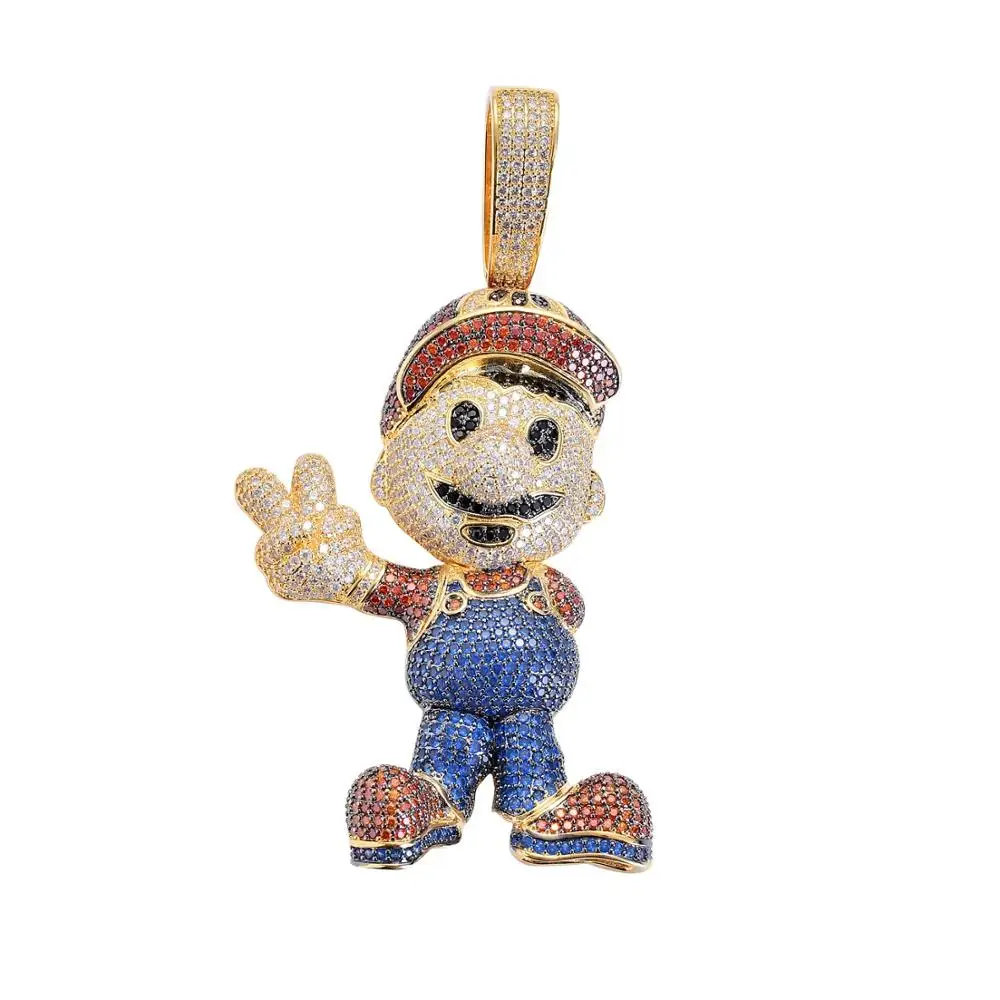 

Large Size Cartoon Game Super Mario pendant&necklace Fashion AAA CZ Cubic Zircon Gold Iced Out for Men Gifts