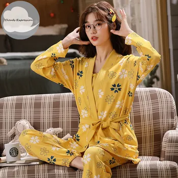 

Spring Autumn 100% Cotton 3 Piece sets Elegant Women's Pajama Sets Female Sleepwear Lady Pyjamas Yellow Lounge Home Clothing