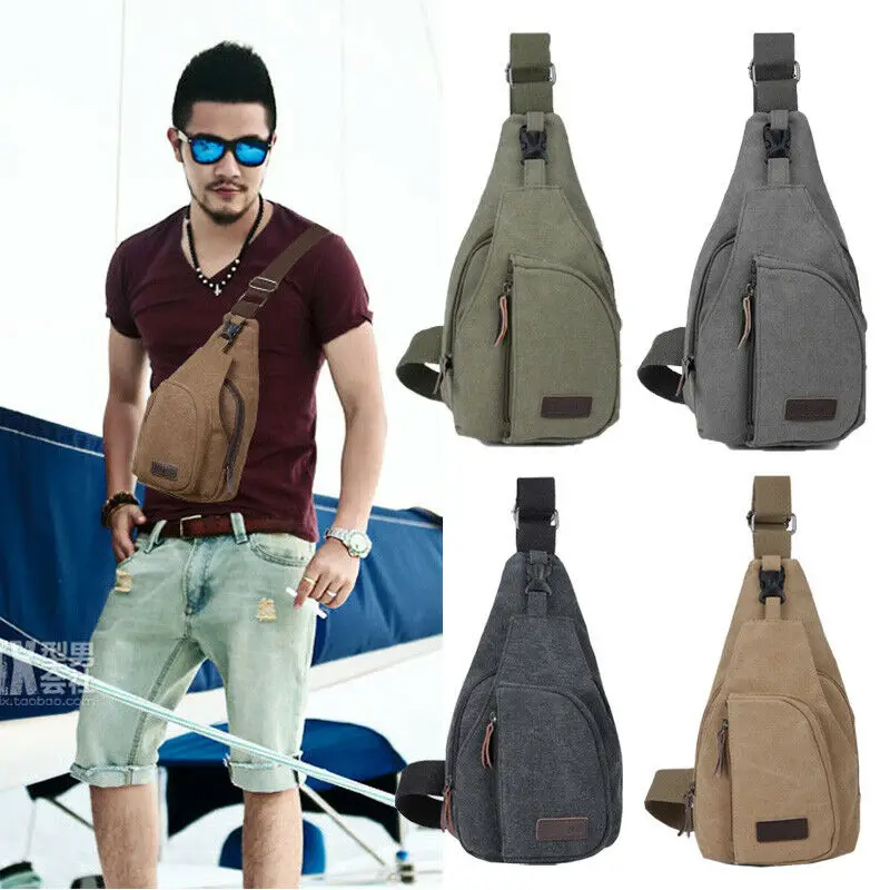 

New trendy Men Canvas Casual Hiking Bicycle Crossbody Vintage zippper Canvas Leather Satchel Shoulder Sling Chest Pack Bag