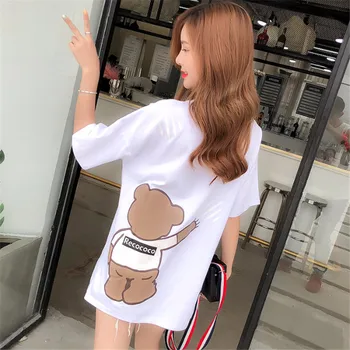 

Female T-shirt Silk Cartoon Bear Loose Women's T-shirt Short-sleeved 2019 Summer Female New O-neck Casual Nightdress