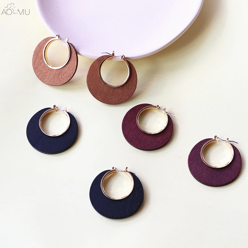 

AOMU Fashion Hollow Geometric Flower Round Big Waterdrop Wooden Dangle Earrings For Women Retro Drop Earring 2019 Party Jewelry