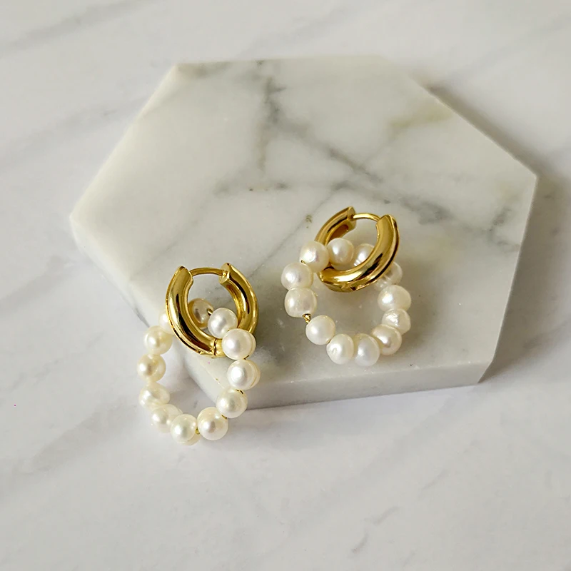 GHIDBK Baroque Freshwater Pearls Circle Hoop Earrings Handmade Gold Dainty Double Rings Earring Minimalist Natural Pearl Hoops