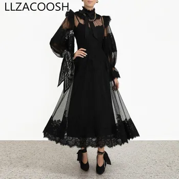 

Runway Spring Autumn Women Lace Full Sleeve Long Dresses 2019 New Arrival Solid Color Bowknot A-line Women Elegant Dress