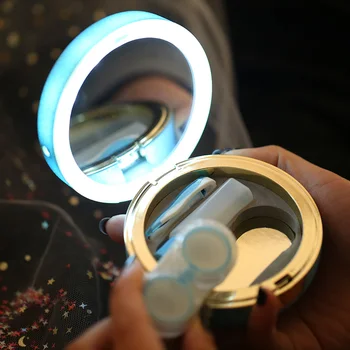 

Portable Contact Lens Box with LED Lighted Makeup Mirror Women Contact Lenses Container Makeup Cosmetic Pocket Mirrors