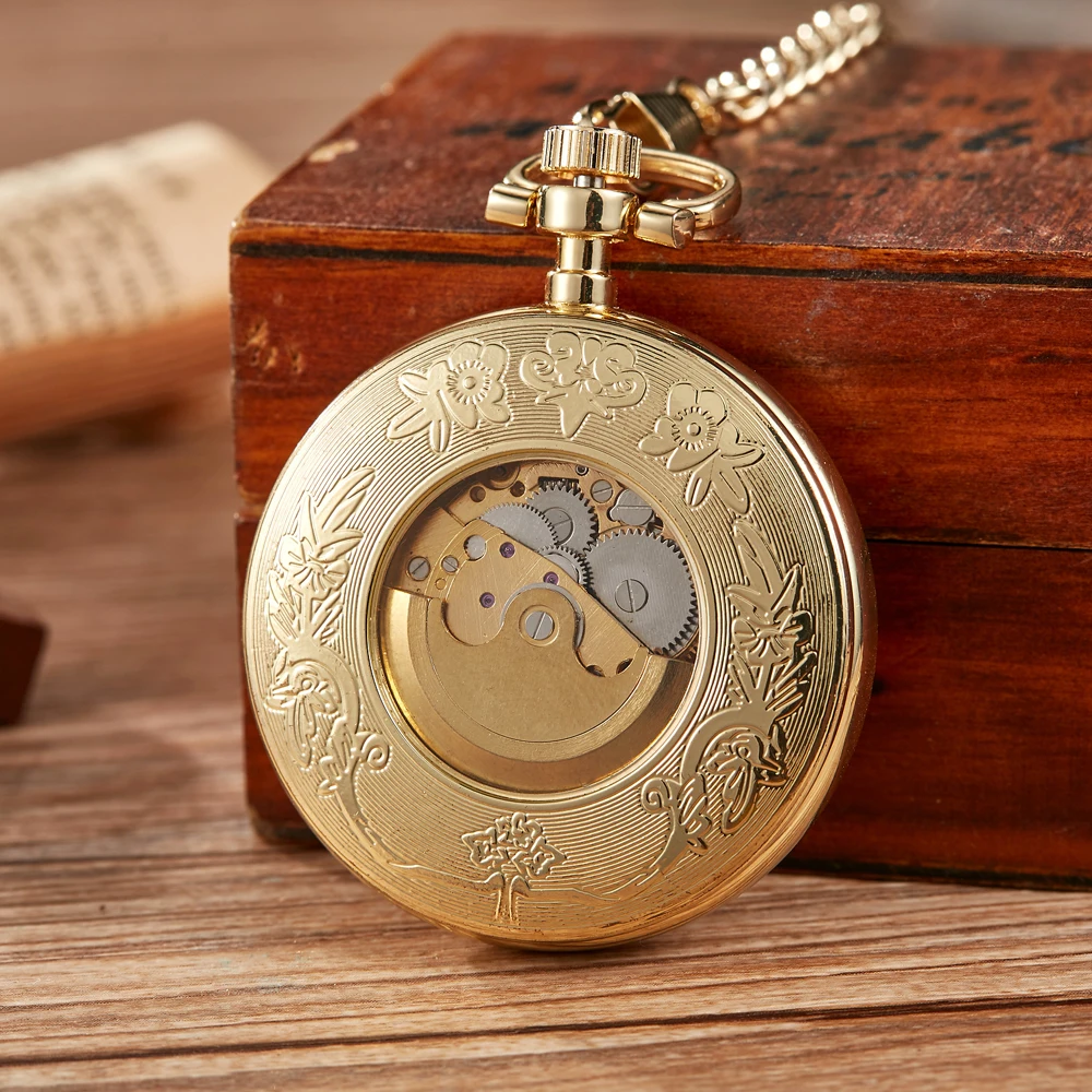 Classic Roman Mechanical Pocket Watches Mens Gold Skeleton Steampunk Pocket Watch Chains Fob Clips Clock for Men Gifts Relogio