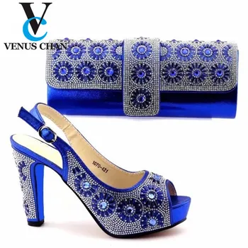

2020 Blue Ladies Sandals with Matching Bags Set for African Party Italian Square Heels Wedding Shoes and Purse Set