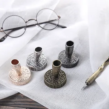 

2 Pcs Vintage European Feather Pen Stand Metal Round Base Antique Fountain Pen Holder Accessories Stationery Christmas Gift