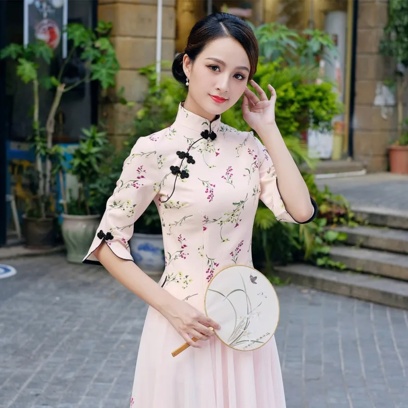 Sheng Coco Traditional Chinese Clothing Women Fresh Cheongsam Jacket Printing Qipao Top Retro Hanfu Clothing Camisa China Mujer
