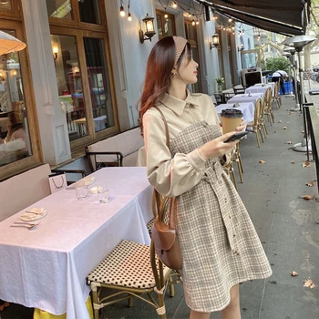 

MISHOW Autumn Winter VintagePlaid Dress Women Patchwork Single-breasted Turn Down Collar Mini Dresses Vestido MX19D1378