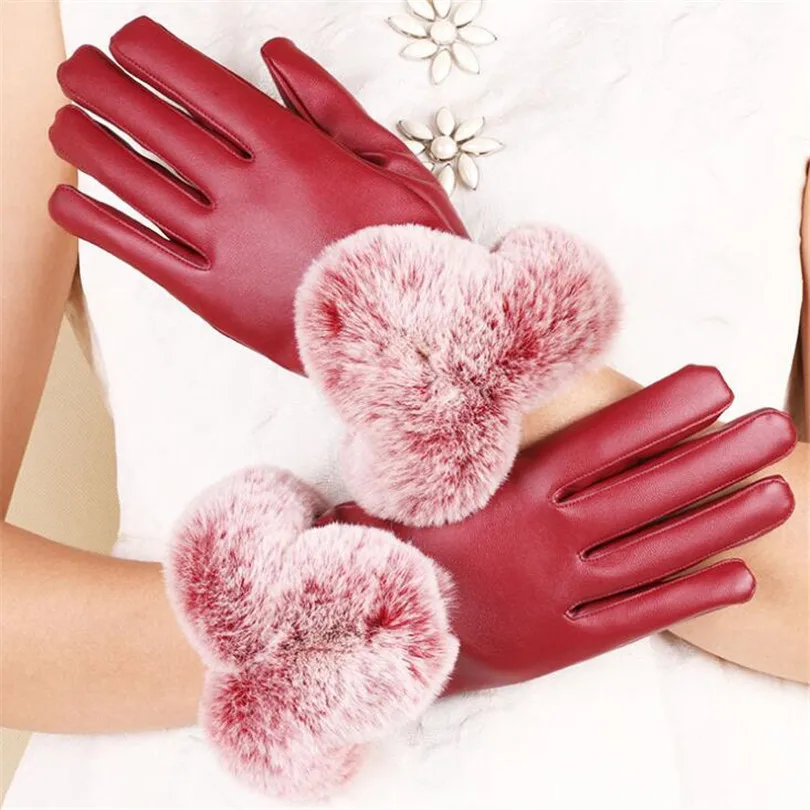 VISNXGI 2018 Новая Женская мода Леди Черный PU кожаные перчатки осень-зима теплый мех кролика женские перчатки guanti Invernali Donna