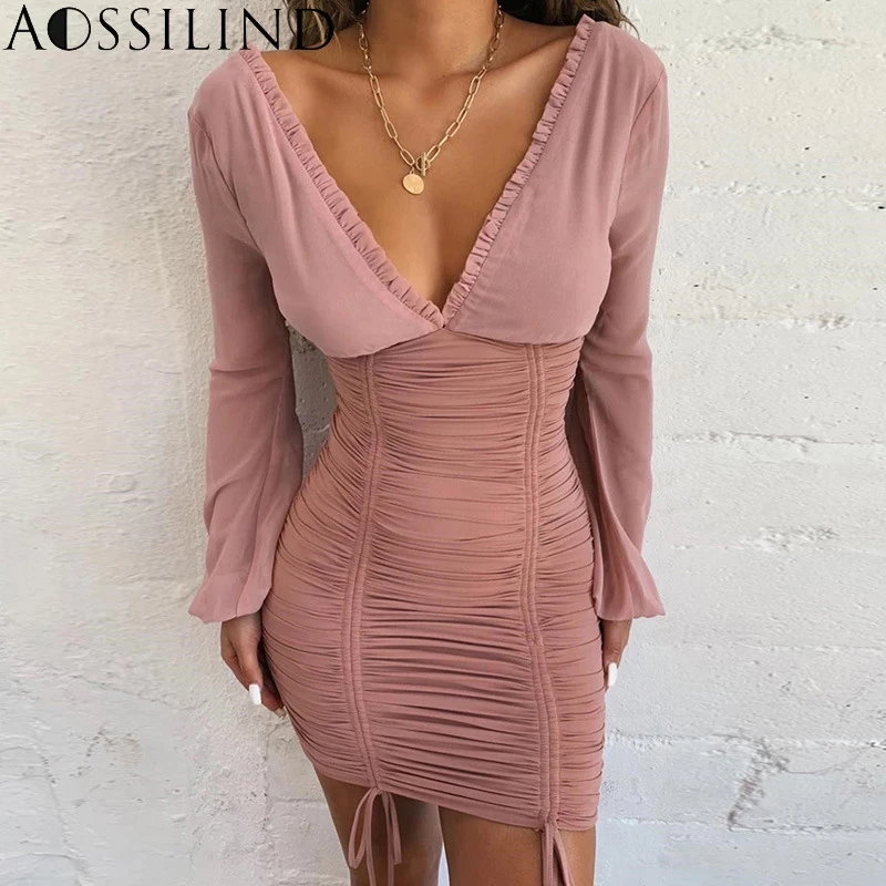 

AOSSILIND Lantern Sleeve Pleated Autumn Dress Women Patchwork Deep V-Neck Long Sleeve Sexy Bodycon Dress Backless Party Dresses