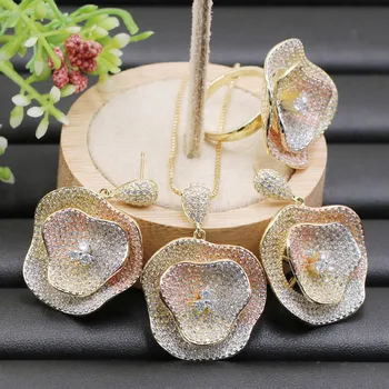 

Vanifin Fashion Jewelry Big Geometry Petunia Flower Necklace with Earrings and Ring for Anniversary Engagement Luxury Best Gifts