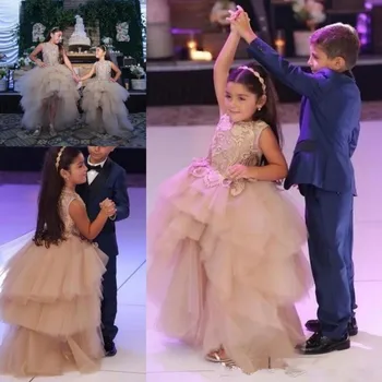 

Ball Gown Flower Girl Dresses For Toddlers Jewel Champagne Girls Pageant Dress Lace Appliques First Communion Gowns High Low