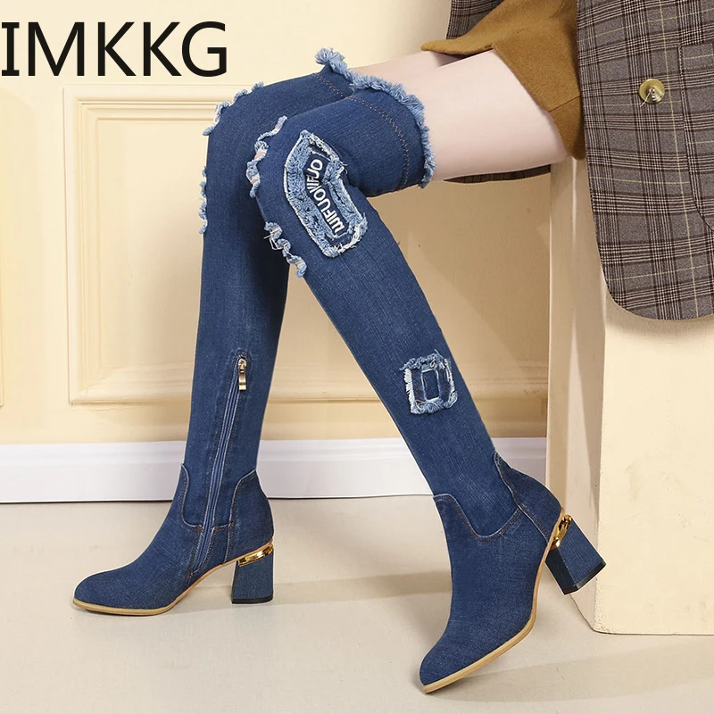 Женские джинсовые сапоги выше колена женские свадебные на высоком каблуке с
