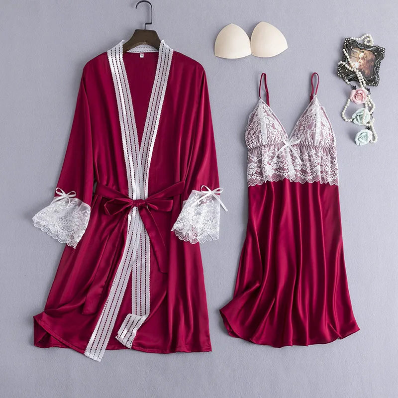 MECHCITIZ Spring Women Nightgown Sets 2 Pieces Nightdress Bathrobe With Chest Pad Female Satin Kimono Robe Gown Sleepwear Suit
