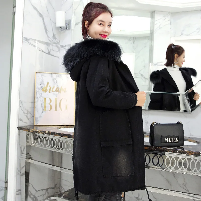 

Cowboy plus Velvet Jacket Women's Mid-length 2019 New Style Autumn & Winter Thick Loose-Fit Fashion Warm Large Fur Collar Tops