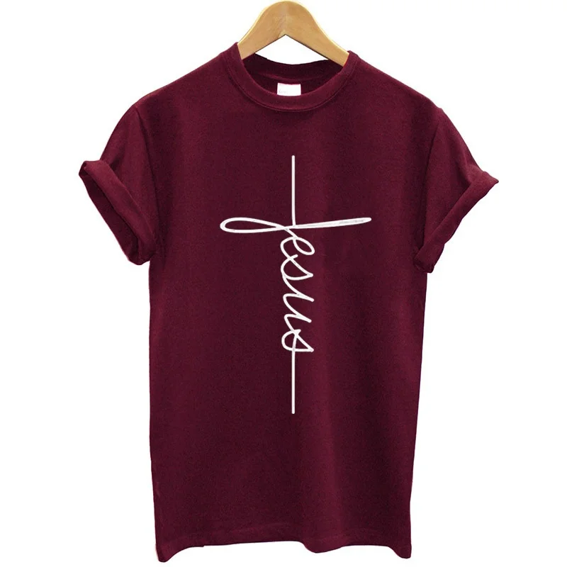 

Fashion New Arrival Women T Shirts Summer Short Sleeve Jesus T-shirt Christian Cross Printing Tops Female Tee Shirt Plus Size