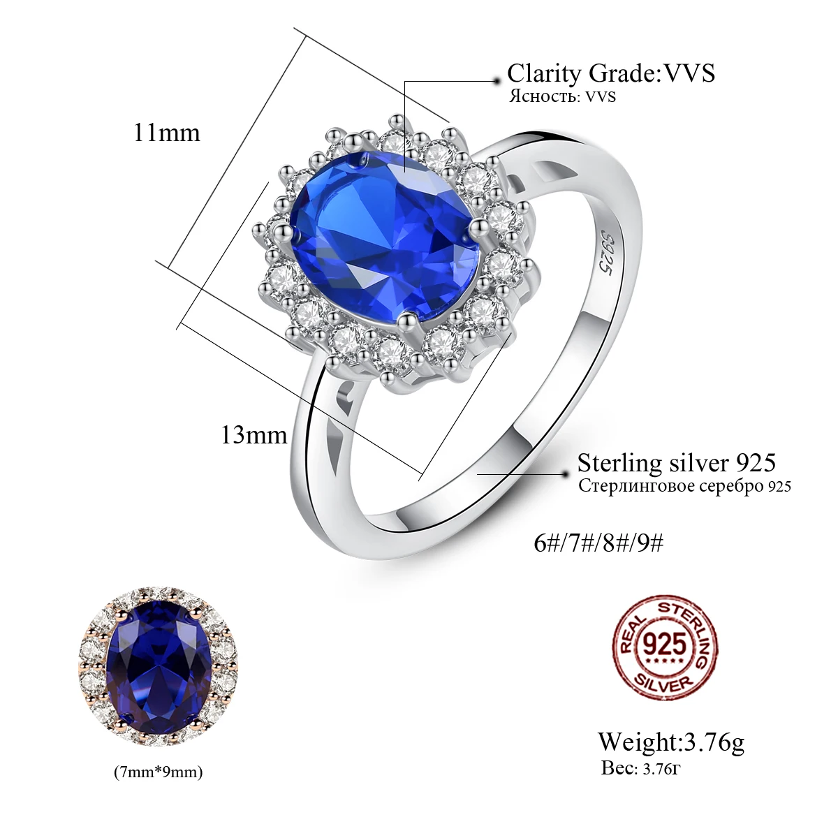 Gem&Time, элегантные сапфировые кольца с голубой короной, 925 пробы, серебряные, принцесса, овальные драгоценные камни, обручальное кольцо на палец для женщин, хорошее ювелирное изделие