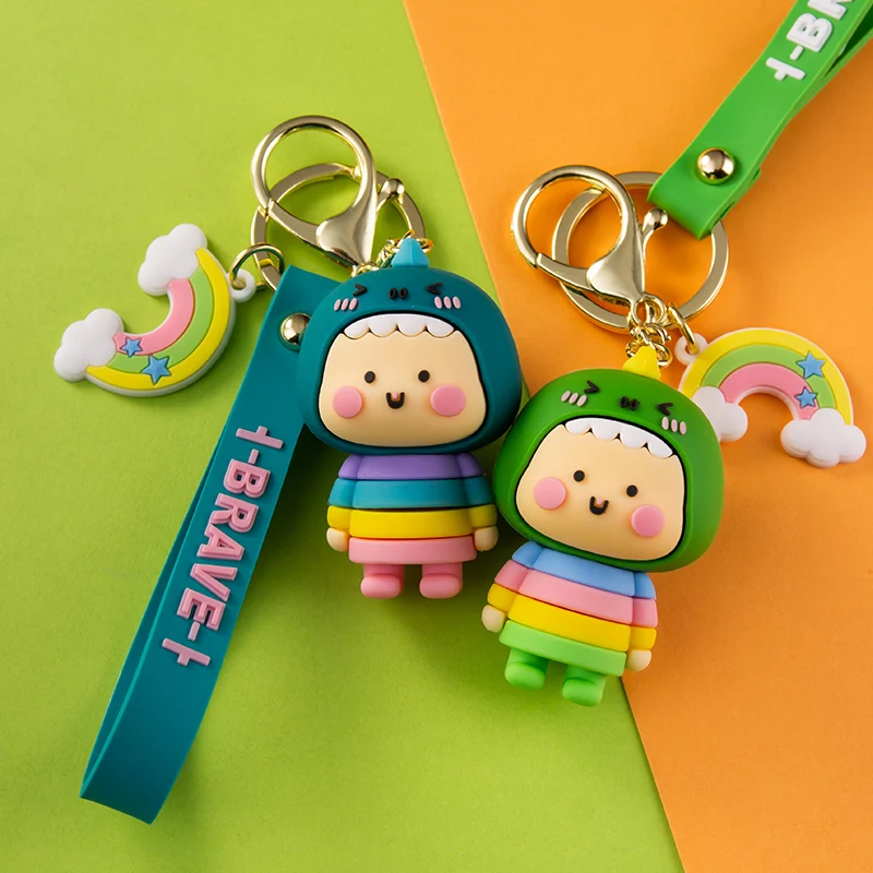 Silic Cartoon Kid Keychain Rainbow Dinosaur Costume Pendant Girl Boy Couple Lanyard Key Ring Bag Car Cute Jewelry Accessory Gift cute stuffed animals soft toy car key ring cartoon doll backpack pendant stuffed toys dinosaur plush keychain plush keyring