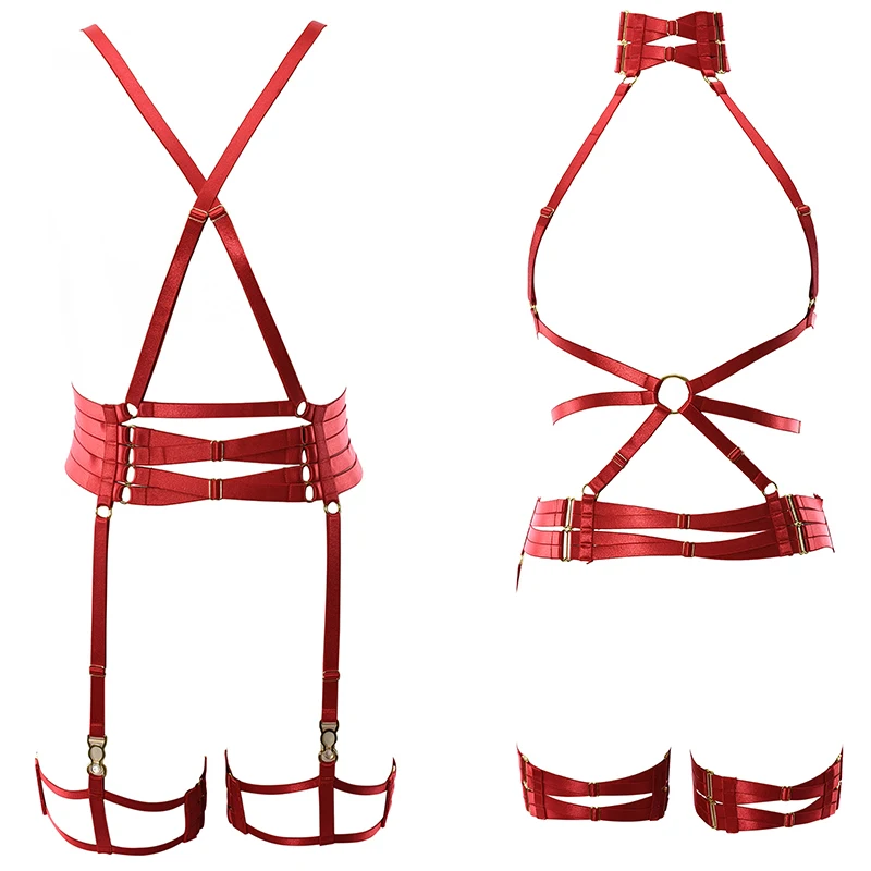 

Red garter belt set body bondage hollow out cage bra sexy underwear Harajuku Gothic adjustment bra club party dance festival
