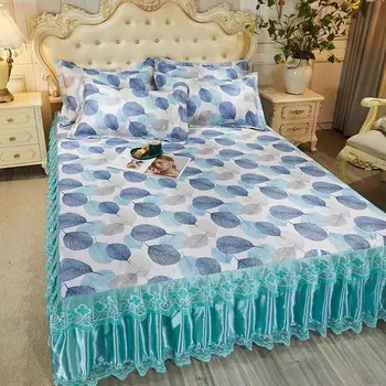 

2020 bed skirt 1 pcs with pillowcase 2 pcs summer fiower bed sheet cool and soft ice silk fabric bed set 3 pcs